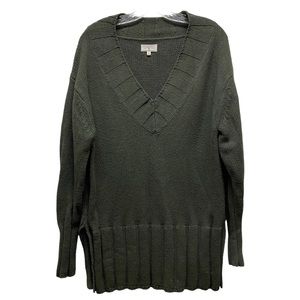 LOU & GREY Deep V-neck Cable Knit Pullover Sweater Olive Medium